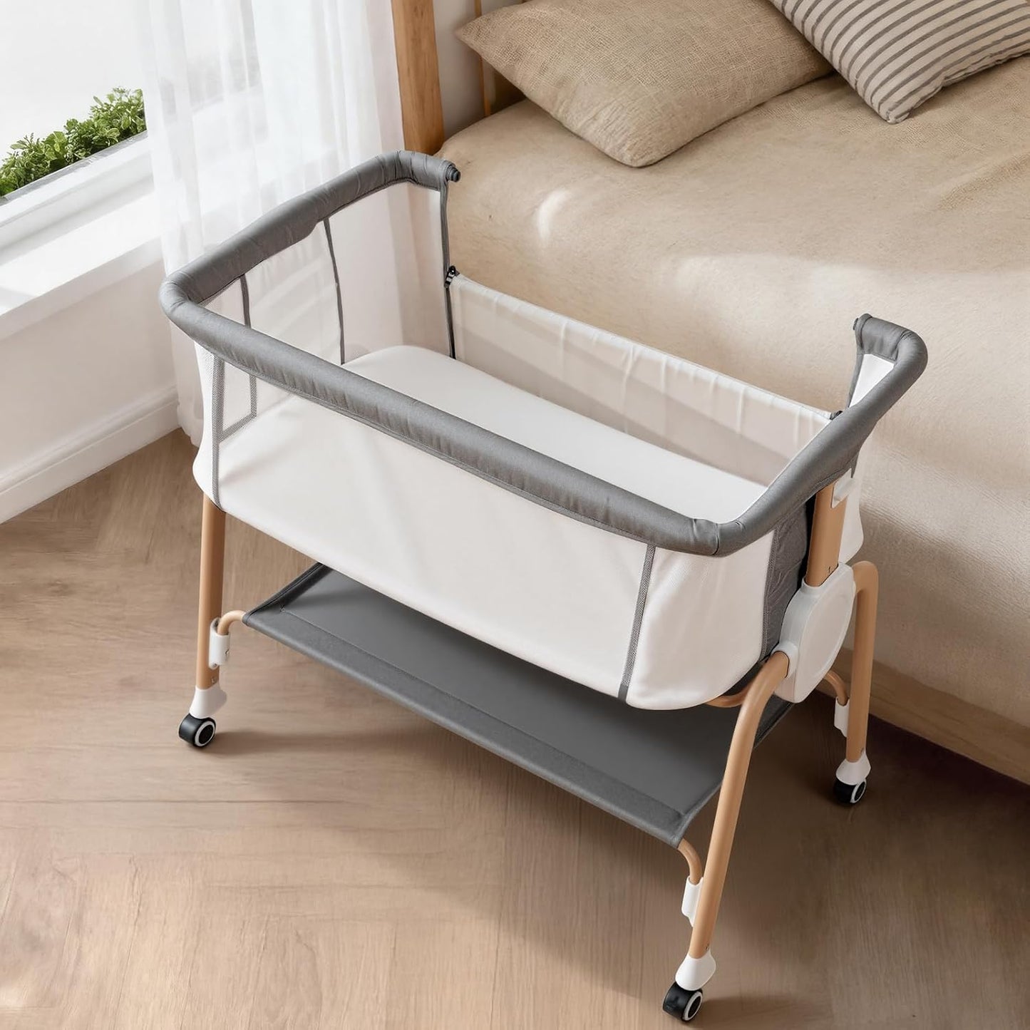 Bassinet Bedside Sleeper, Bedside Bassinet for Newborn, Baby Bassinet with 5 Adjustable Height, Rocking Bassinet with Wheels, Breathable Mesh & Mattress, Easy Folding Portable Bedside Crib（Dark Gray)