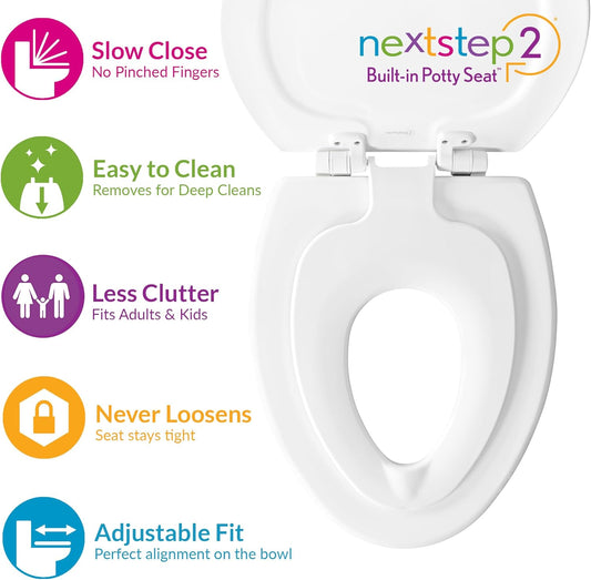 Mayfair NextStep2 Toilet Seat with Built-In Toddler Potty Training Seat, Slow Close, Easy Clean, Magnetic Removable Kids Seat, ELONGATED, Biscuit