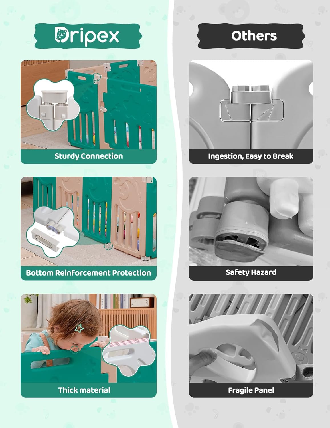 Baby Playpen, Dripex Baby Playard for Babies and Toddlers, 14-Panel Foldable Playpen Adjustable Portable Play Area, Indoor/Outdoor Kids Active Center with Game Panel & Safety Gate, Grey White