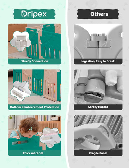 Baby Playpen, Dripex Baby Playard for Babies and Toddlers, 14-Panel Foldable Playpen Adjustable Portable Play Area, Indoor/Outdoor Kids Active Center with Game Panel & Safety Gate, Grey White