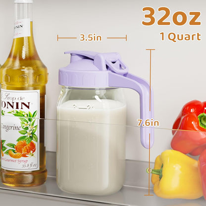 OneDream Breast Milk Pitcher 32oz Glass Pitcher with Lid, Formula Pitcher Leakproof Drip-Free Spout, Wide Mouth Mason Jar Pitcher for Easy Pouring, Dishwasher Safe Breastmilk Storage Pitcher