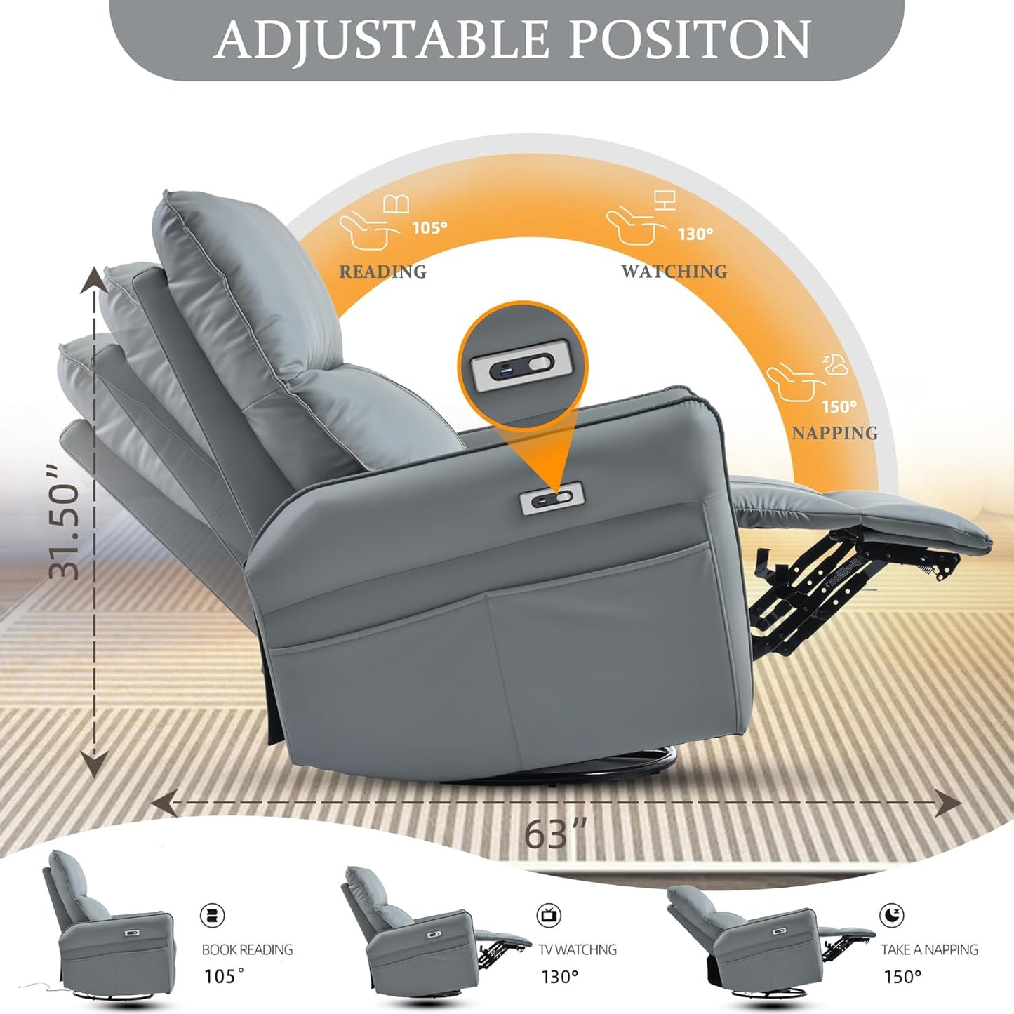 Power Swivel Rocker Recliner Chair for Nursery, Upholstered Snowflake Velvet 270°Swivel Glider Rocker Chair with USB Ports, Small Power Recliners for Small Spaces Living Room