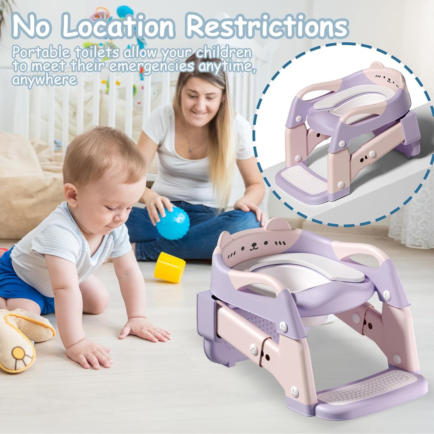 3-in-1 Baby Potty Training Seat with 2 Step Ladder, Splash Guard Anti-Slip Pad, Height Adjustable Toddler Toilet Seat with Soft Cushion for Kids Boys Girls(Grey)