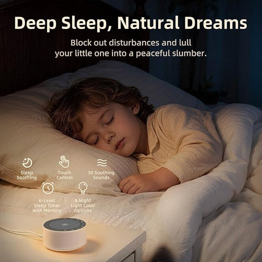 Kipcush White Noise Machine with Night Light – Nursery Sound Machine with Soft Non-Glare Lamp, 30 Soothing Sounds, 8 Color Lights, Up to 8-Hour Timer for Baby & Adults