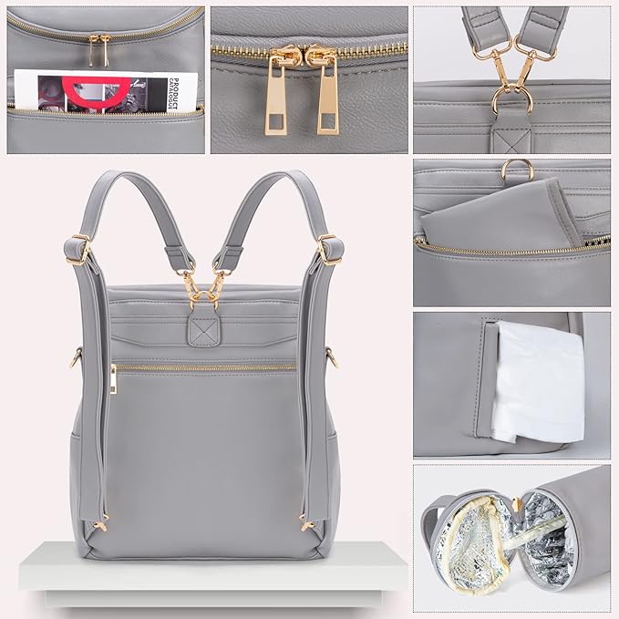 Minsong Diaper Bag Backpack,Fashion Leather Mommy Backpacks,Travel Toddler Baby Diaper Bags with in Bag Organizer and Changing Pad (Dark Grey)