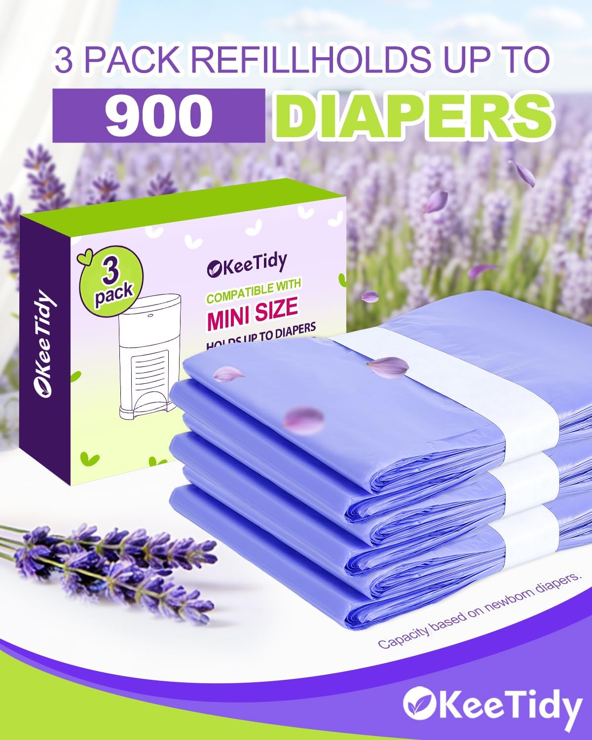 Diaper Pail Refill Bags Compatible with DEKOR MINI Diaper Pails, 20% Extra Length Diaper Bags Disposable with Lavender Flavor, Holds up to 1800 Diapers, 6 Pack