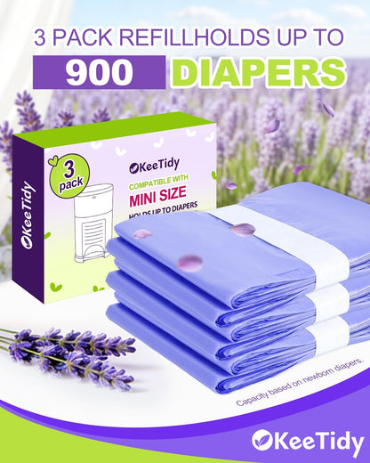 Diaper Pail Refill Bags Compatible with DEKOR MINI Diaper Pails, 20% Extra Length Diaper Bags Disposable with Lavender Flavor, Holds up to 1800 Diapers, 6 Pack