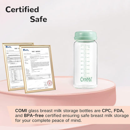 COMI Wide Neck Glass Breastmilk Collection n Storage Bottle, 4 Packs,10oz with Screw Ring Sealing Disk,Re-markable Sealing Disc,BPA Free,Fits Breast Pumps&Nipples(4 Green Lids)