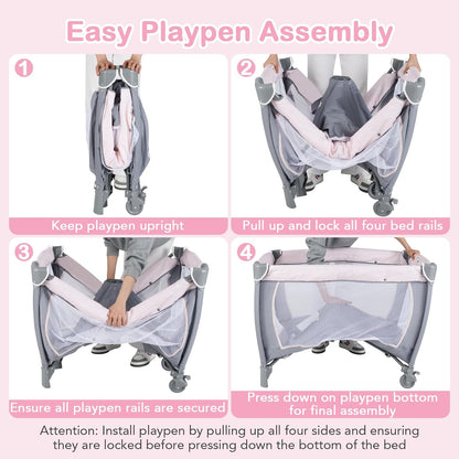 HONEY JOY Pack and Play, 5 in 1 Portable Infant Playpen with Bassinet & Changing Table, Storage Bag, Music Box, Toys, Carry Bag, Nursery Center, Baby Playard Pack n Play Crib for Boys Girls