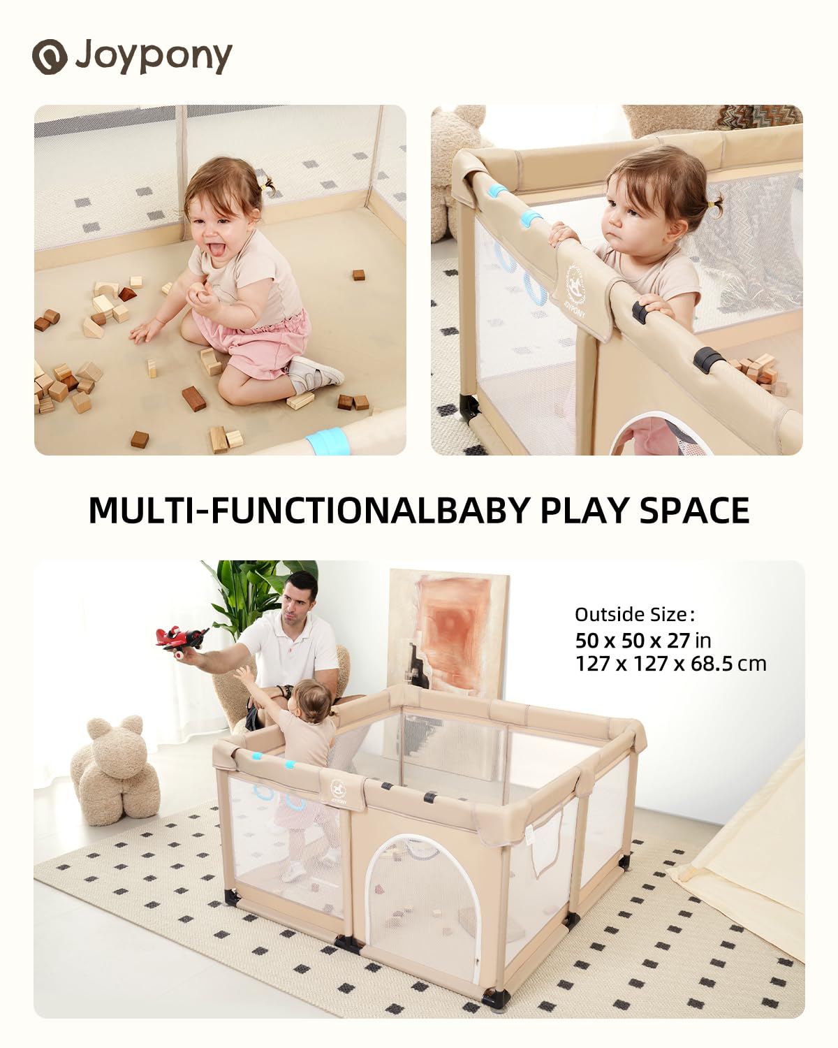 Joypony Baby Playpen with Mat, 50x50 in Small Play Pen for Babies, Toddler Playpen for Apartment, Indoors Play Yard with Soft Breathable Mesh (Beige with Mat)