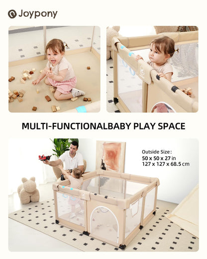 Joypony Baby Playpen with Mat, 50x50 in Small Play Pen for Babies, Toddler Playpen for Apartment, Indoors Play Yard with Soft Breathable Mesh (Beige with Mat)