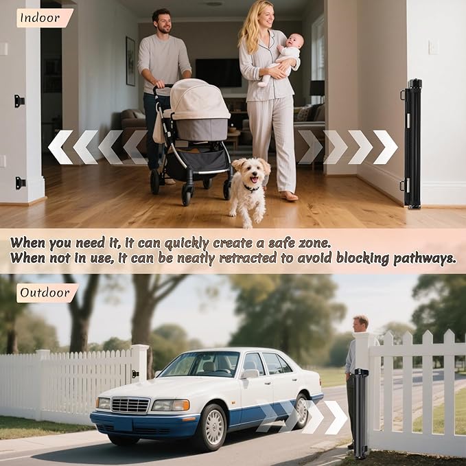 Miumoon 150 inch Retractable Baby Gates 34 inch Tall, Retractable Gate with Reinforced Strip Design to Prevent Crawling Through, 12 FT Extra Wide Retractable Dog Gate for Indoor/Outdoor