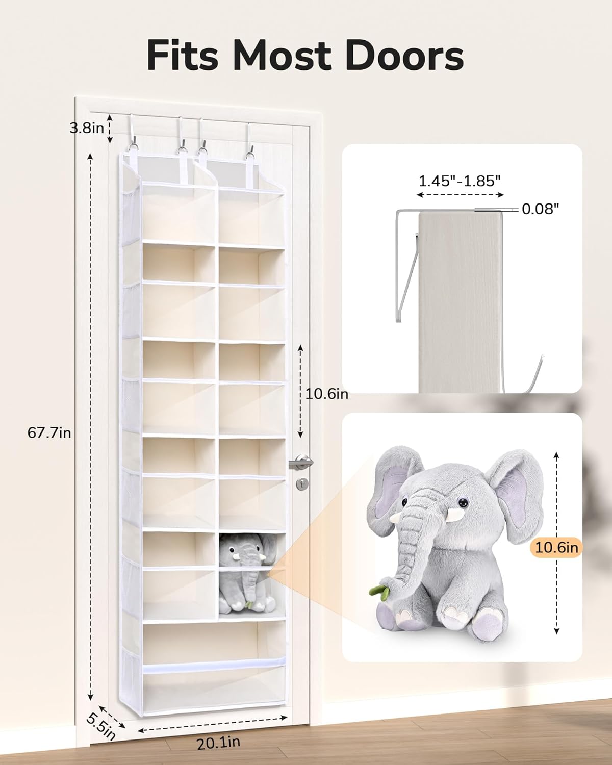 ULG 1 Pack Over Door Organizer with 5 Large and 10 Mesh Side Pockets, 44 lbs Weight Capacity Hanging Storage with Clear Window Kids Toys, Shoes, Diapers, Dark Grey, 5 Layers