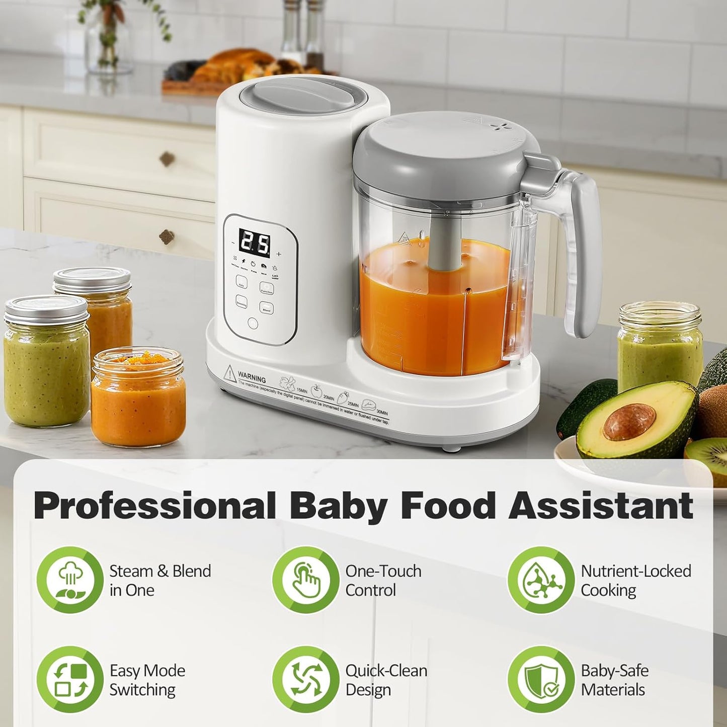 Baby Food Maker Pro Steamer Blender: 4 in 1 Auto Steam Blend and Puree Maker with Self-Clean for Healthy Baby and Toddler Meal Prep - BPA-Free White+Green
