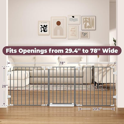 78" Extra Wide Baby Gate, Dog Gates Indoor for Doorways Stairs, Essential Safety Gate for Child, Hardware Mounted Adjustable Pet Gate with Anti-Trip Pedal, 28'' Tall 3 Metal Panels Grey