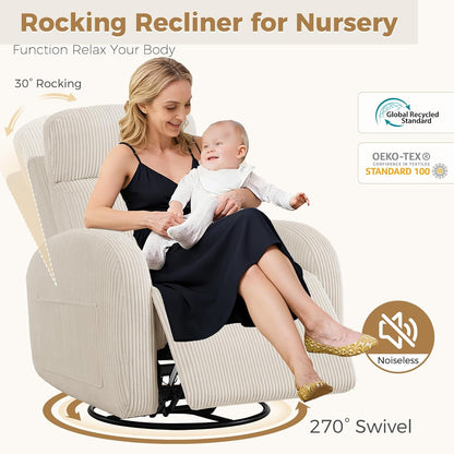 Nursery Glider Recliner, Power Swivel Rocking Recliner with USB & Type-C Port, Swivel Nursering Reclining Rocker with Double Pockets for Living Room, Camel Chenille