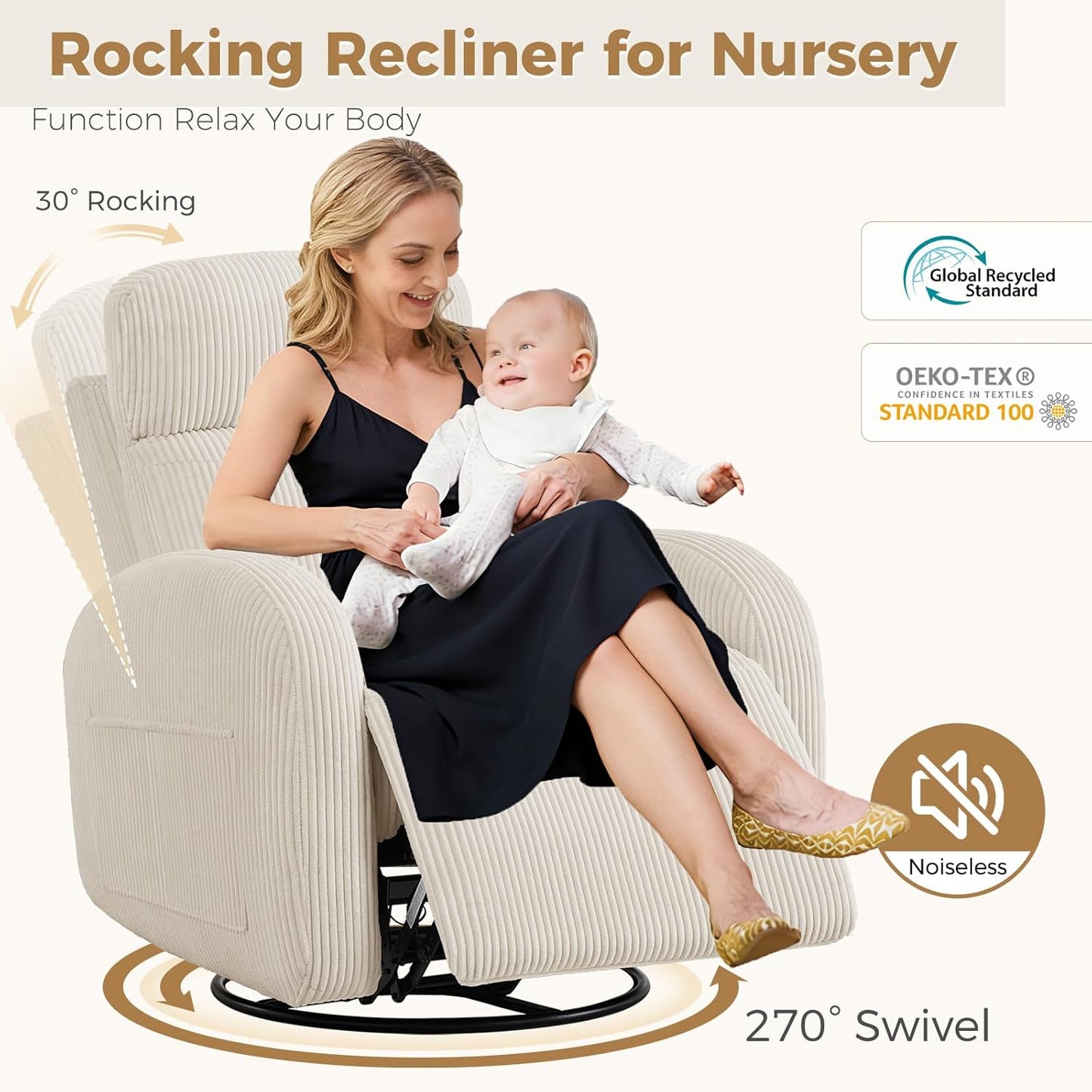 Dual Motors Power Recliner with Adjustable Headrest, Electric Swivel Rocker Recliner for Nursery, Glider Reclining Rocking Nursery Chairs for Small Space, Living Room, Bedroom, Chenille Cream White