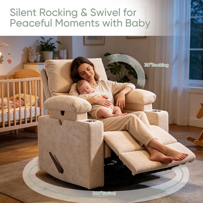 Rocking Chair Nursery with Adjustable Armrest for Breastfeeding, Glider Recliner Nursery Chair with Massage and Heat, Power Swivel Rocker Recliner with Adjustable Headrest, Corduroy, Beige