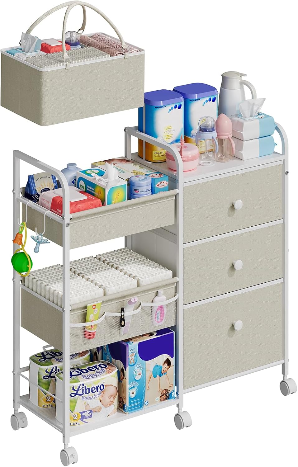 Cidaziya 2In1 Baby Diaper Caddy Organizer and Storage, 3 Tier Rolling Cart with Drawer, Mobile Utility Cart Baby Dresser Clothes Organizer for Crib, Art & Craft Storage, White, 17"W x 11.42"D x 33.5"H