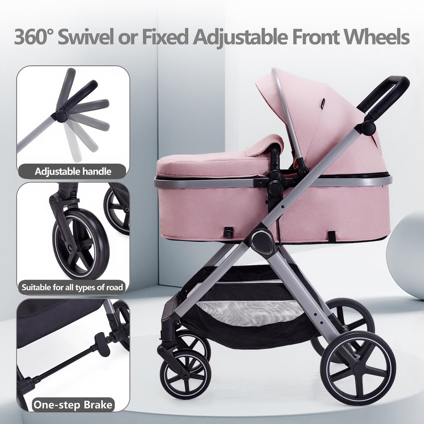 Lortsybab 2 in 1 Baby Stroller, Newborn Infant Toddler Convertible Pram Stroller for 0-36 Months Old Babies (Grey)