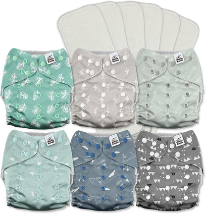Mama Koala 3.0 Pocket Cloth Diapers for Babies with AWJ Lining, 6 Pack with 6 4-Layer Natural Cloth Diaper Inserts - Reusable and Washable Pocket Diapers(Hardworking Bees) - Colors B
