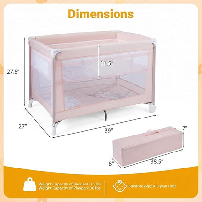 BABY JOY Pack and Play with Bassinet, Portable Playard for Baby, Double Layer Foldable Baby Playpen with Mattress, Lightweight Pink Travel Crib with Bassinet & Carry Bag from Newborn to Toddlers
