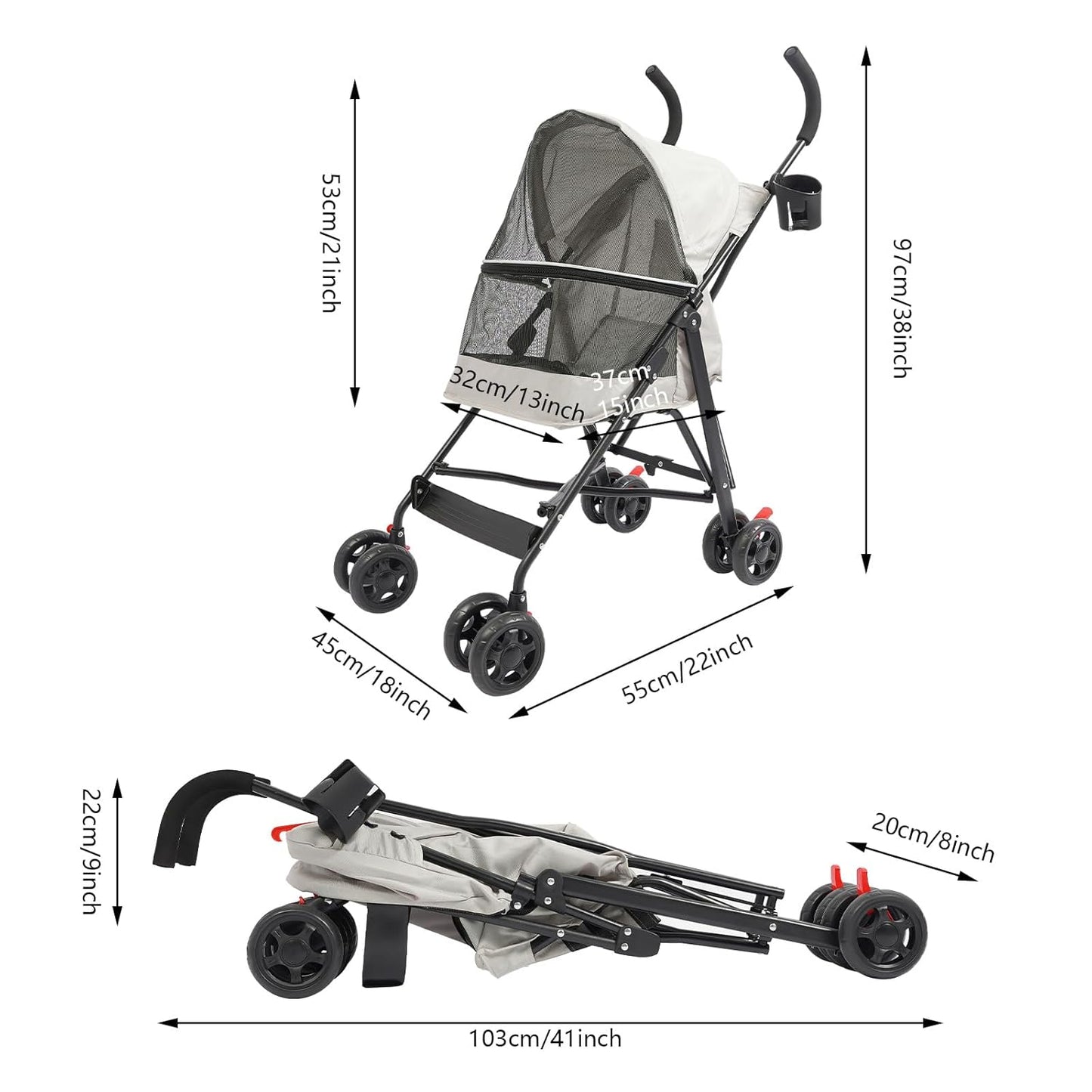 Pet Gear Travel Lite Plus Stroller,Compact Portable Jogger All Terrain Travel Pet Gear, Foldable Lightweight Durable Pet Stroller for Small To Medium Pets Dogs And Cats up to 15 pounds (Gray)