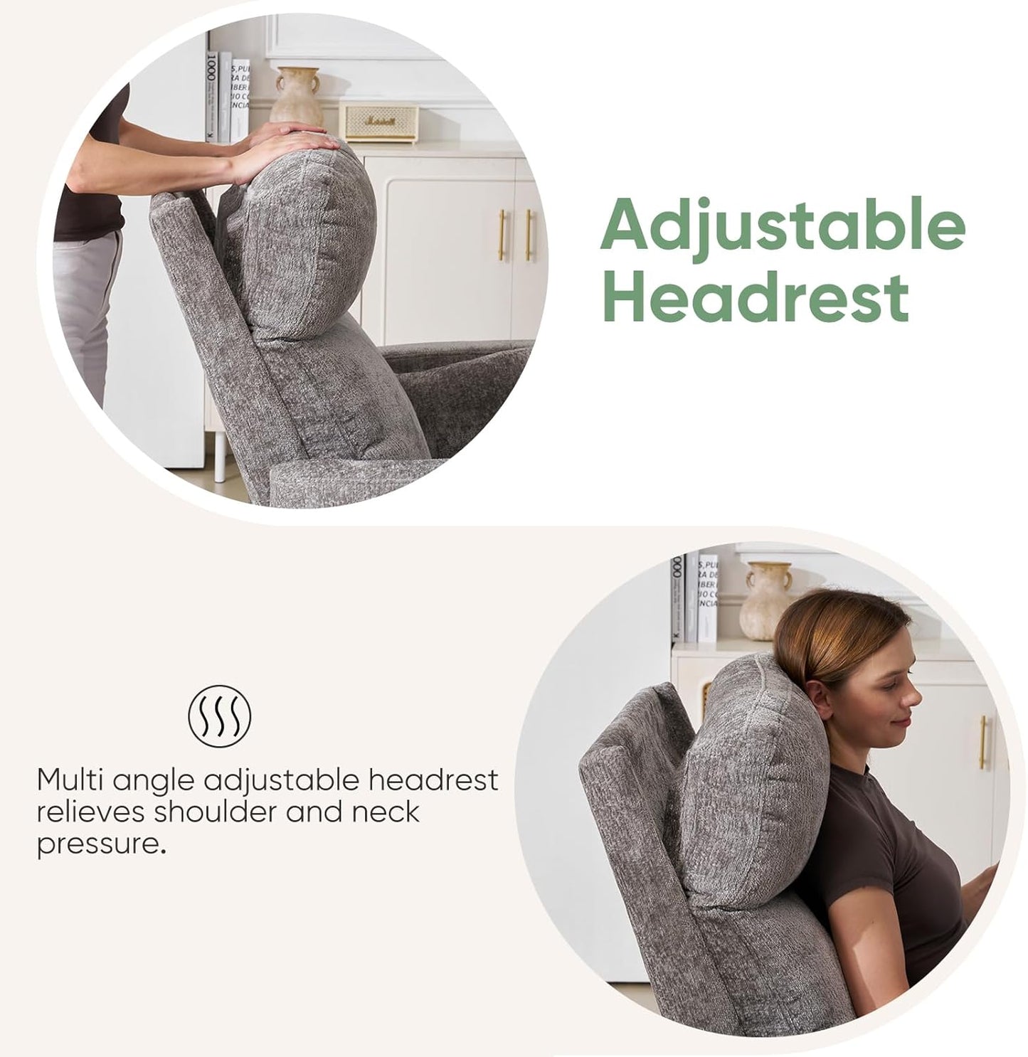 Oversized Swivel Rocker Recliner Chair with Heat and Massage, Rocking Chair with Adjustable Headrest, Manual Recliner, Glider Recliner with 2 Pillows, Chenille White