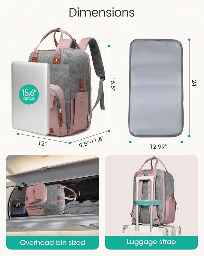 Qualyphant Extra Large Diaper Bag Backpack for Two Kids Twins - Expandable Baby Bag (26-36L), Dual Big Compartments - Includes Changing Pad & Stroller Straps, Unisex Pink Grey