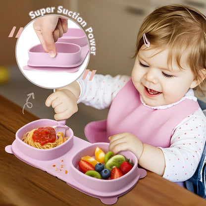 Baby Plates with Suction with Forks and Spoons, Foldable Silicone Toddler Plates, Baby Travel Essential, Microwave & Dishwasher Safe, Purple