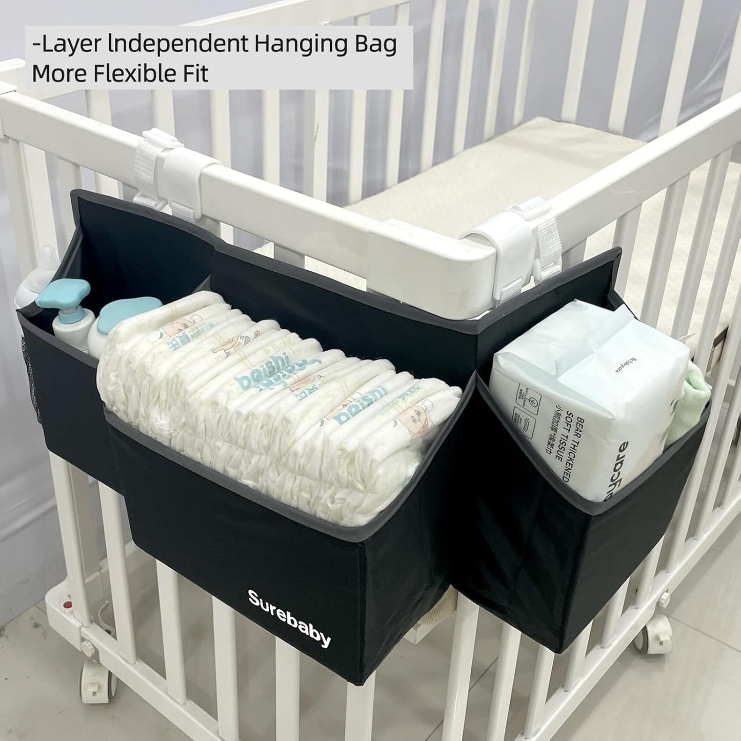Hanging Baby Diaper Caddy, 3-in-1 Diaper Caddy Organizer Holder For Baby Crib, Nursery Organization Diaper Stacker Storage For Crib, Changing Table-Grey