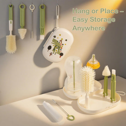 7-in-1 Baby Bottle Brush Set, Silicone Bottle Cleaner Kit with Nipple & Straw Brush, Soap Dispenser, Drying Rack & Travel Storage Case, Baby Bottle Cleaning Essentials (Green-Crocodile