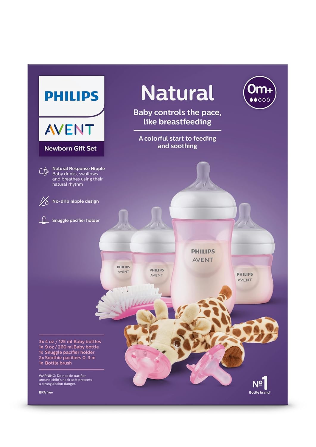 Philips Avent Natural Response Baby Gift Set - 3X 4oz Pink Bottles with Slow Flow Nipples (Flow 2), 1x 9oz Pink Bottle with Medium Flow Nipples (Flow 3), 2X Soothie Pacifiers 0-3m, SCD838/03