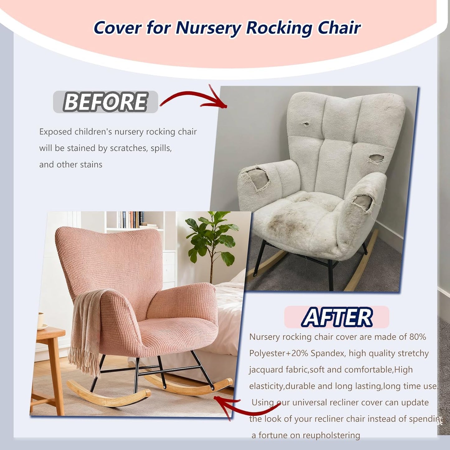 Nursery Rocking Chair Cover,1 Piece Glider Chairs Cover Slipcovers,Soft with Elastic Bottom Spandex Jacquard Small Checks,Furniture Protector Washable