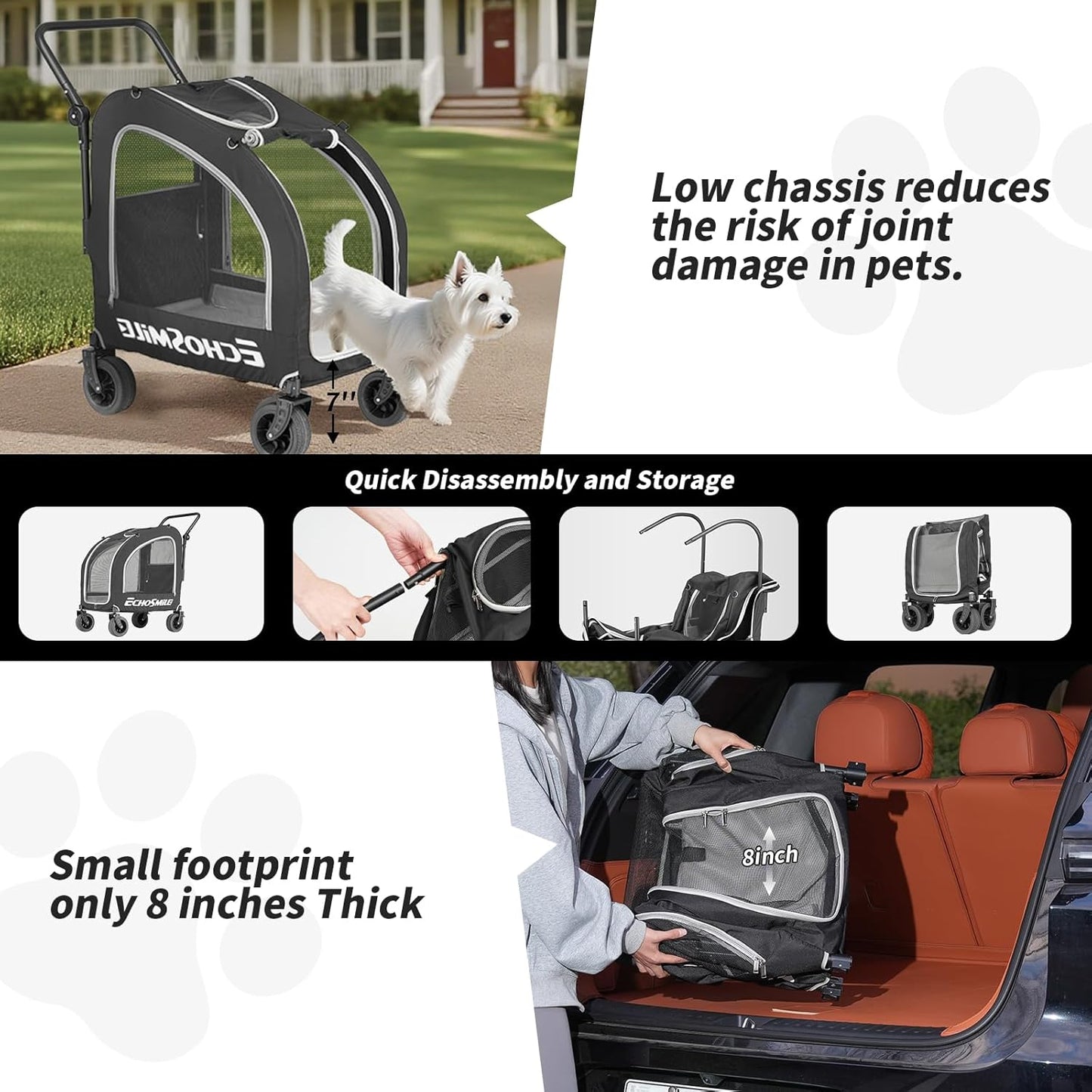 EchoSmile 4 Wheels Pet Stroller, Dog & Cat Stroller for All-Season, Lightweight Carrier with Storage Basket, Adjustable Handle, Removable Pad, Breathable Mesh, Up to 135 lbs, Grey