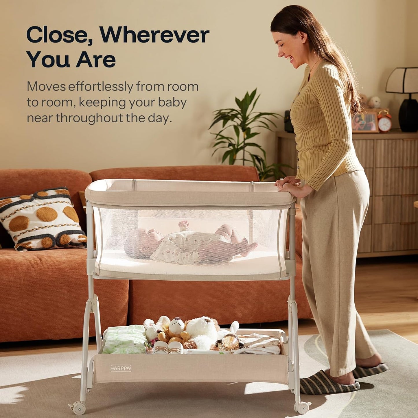 HARPPA Cuddly Lite Bassinet, 2 in 1 Baby Bassinet with Breathable Mesh and Mattress, 6 Height Adjustable, Bedside Sleeper with Anchor Strap, Storage Basket and Wheels, Light Grey