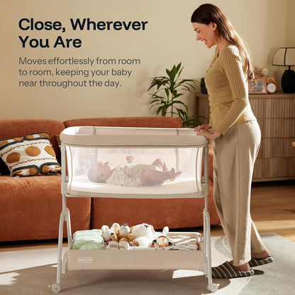 HARPPA Cuddly Lite Bassinet, 2 in 1 Baby Bassinet with Breathable Mesh and Mattress, 6 Height Adjustable, Bedside Sleeper with Anchor Strap, Storage Basket and Wheels, Light Grey