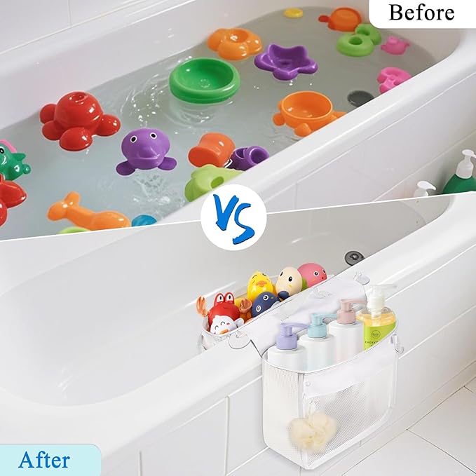 Saddle Shape Bath Toy Organizer, 2 Compartments Wide Opening Mesh Bath Tub Toy Storage for Easy Access to Toys, Side Pockets & Bottom Zipper Design, Quick Drying Toy Holder for Tub (White)