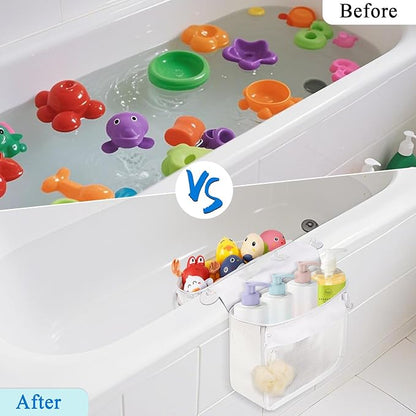Saddle Shape Bath Toy Organizer, 2 Compartments Wide Opening Mesh Bath Tub Toy Storage for Easy Access to Toys, Side Pockets & Bottom Zipper Design, Quick Drying Toy Holder for Tub (White)