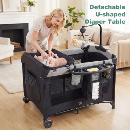 BABY JOY 5-in-1 Pack and Play, Baby Bedside Sleeper with Bassinet, Portable Baby Playard with U-Shaped Diaper Changer, Safety Strap, Multifunction Baby Bassinet Bedside Crib from Newborn to Toddlers