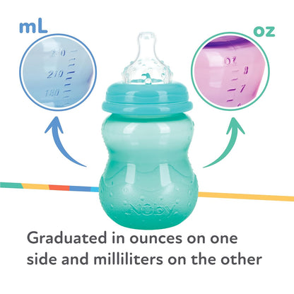 Nuby Wide Neck Non-Drip Bottle - Baby Bottles with Anti-Colic Vari-Flo Valve - (3-Pack) 8 Oz - 0+ Months - Aqua, Pink, Purple