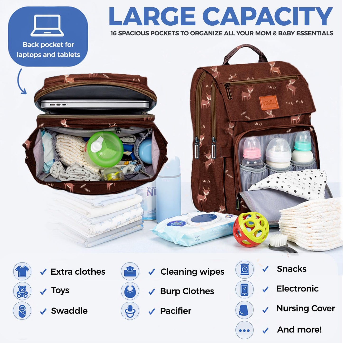 PILLANI Baby Diaper Bag Backpack - Large Waterproof Travel Diaper Bag for Boys & Girls, 16 Organizer Pockets with Changing Pad, Insulated Bottle Pockets & Stroller Straps, Baby Shower Gifts, Dinosaur
