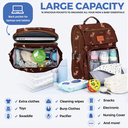 PILLANI Baby Diaper Bag Backpack - Large Waterproof Travel Diaper Bag for Boys & Girls, 16 Organizer Pockets with Changing Pad, Insulated Bottle Pockets & Stroller Straps, Baby Shower Gifts, Dinosaur