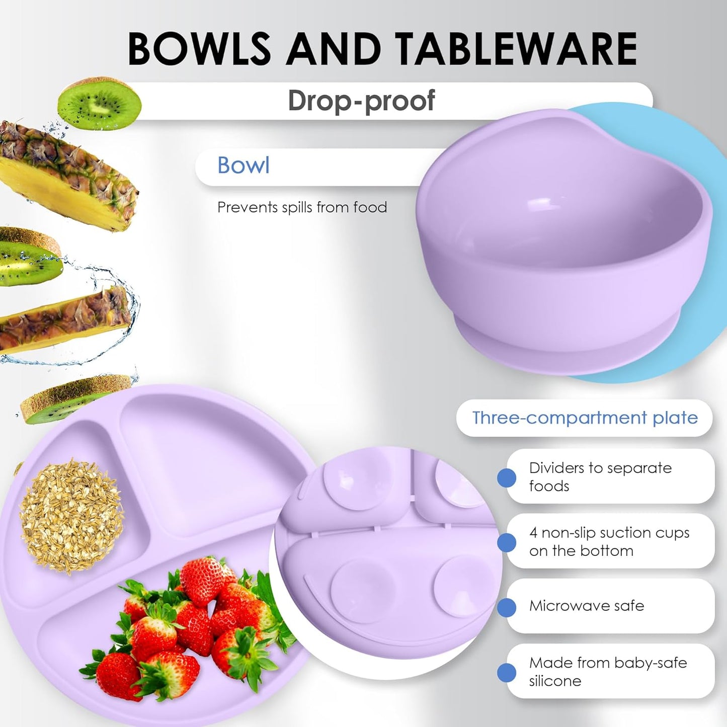 Bluet B- Silicone Baby Feeding Set with Pacifier - Baby Led Weaning Supplies - Baby Spoons, Suction Bowl - Plate - Baby Utensils Set - Silicone Feeding Set for Baby First Foods - 11pcs - Purple