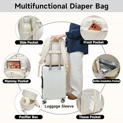 ANWTOTU Leather Baby Diaper Bags with Changing Station,Extra large Capacity Baby Diaper Bag Backpack,Waterproof Baby Essentials(White)