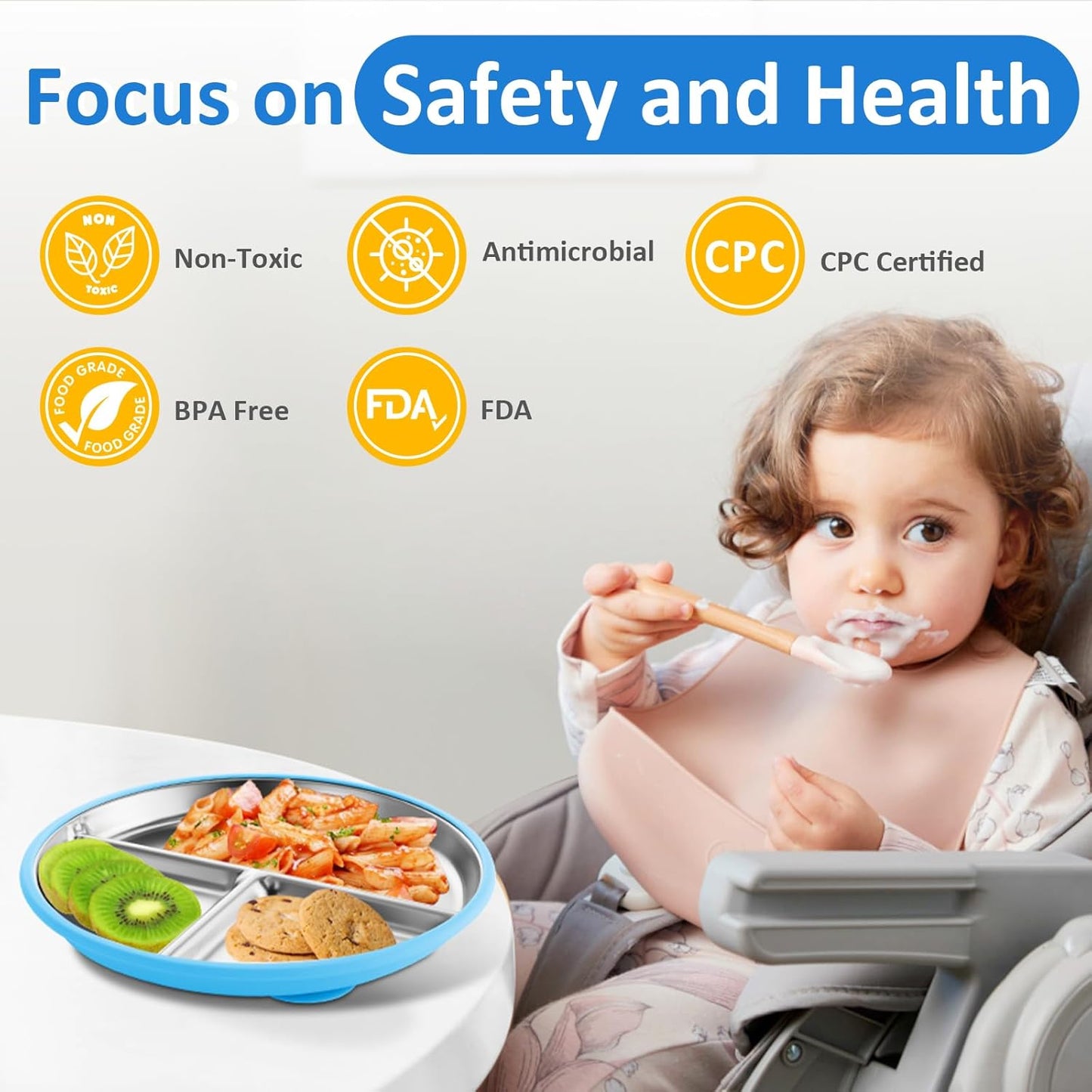 Bakpoco Stainless Steel Toddler Plate with Suction, 9” Divided Plates with Removable Silicone Sleeves for Kids, Non Toxic & BPA Free | Non Slip | Unbreakable Baby Snack Dishes Set of 2, Blue & Gray