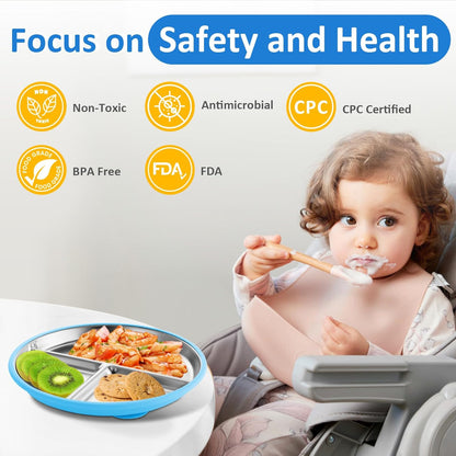 Bakpoco Stainless Steel Toddler Plate with Suction, 9” Divided Plates with Removable Silicone Sleeves for Kids, Non Toxic & BPA Free | Non Slip | Unbreakable Baby Snack Dishes Set of 2, Blue & Gray