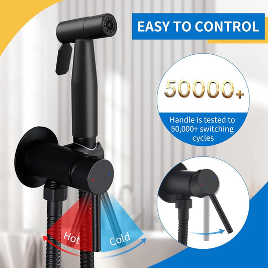 Black Bidet Sprayer Handheld, Stainless Steel Adjustable 2-Mode Spray with Brass Hot & Cold Mixer Valve, Toilet Bidet Kit for Feminine Wash, Diaper Sprayer and Pet Bath