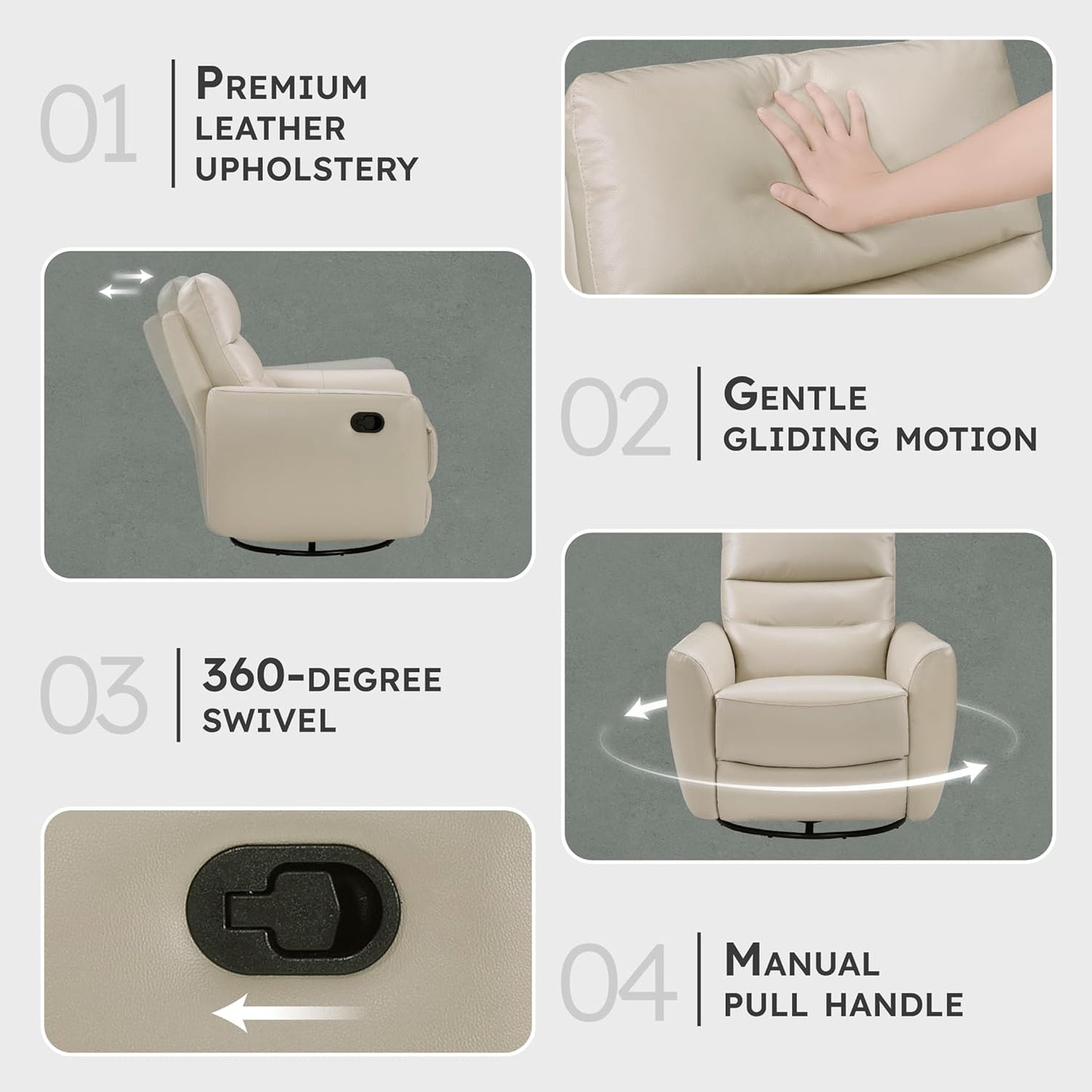Lexicon 360 Degree Swivel Glider Reclining Chair, Manual Tab Pull Recliner, Leather Match Swivel Glider Recliner with Plush Foam, Sturdy Frame for Living Room/Office/Bedroom, Taupe