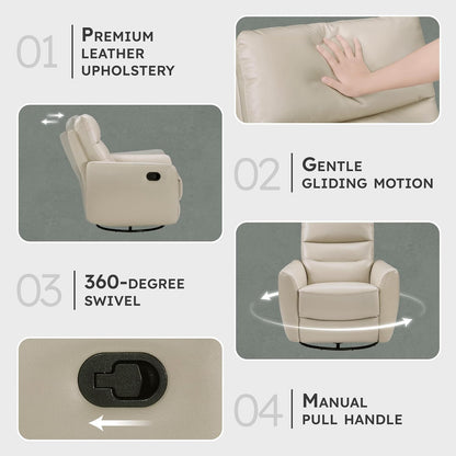 Lexicon 360 Degree Swivel Glider Reclining Chair, Manual Tab Pull Recliner, Leather Match Swivel Glider Recliner with Plush Foam, Sturdy Frame for Living Room/Office/Bedroom, Taupe